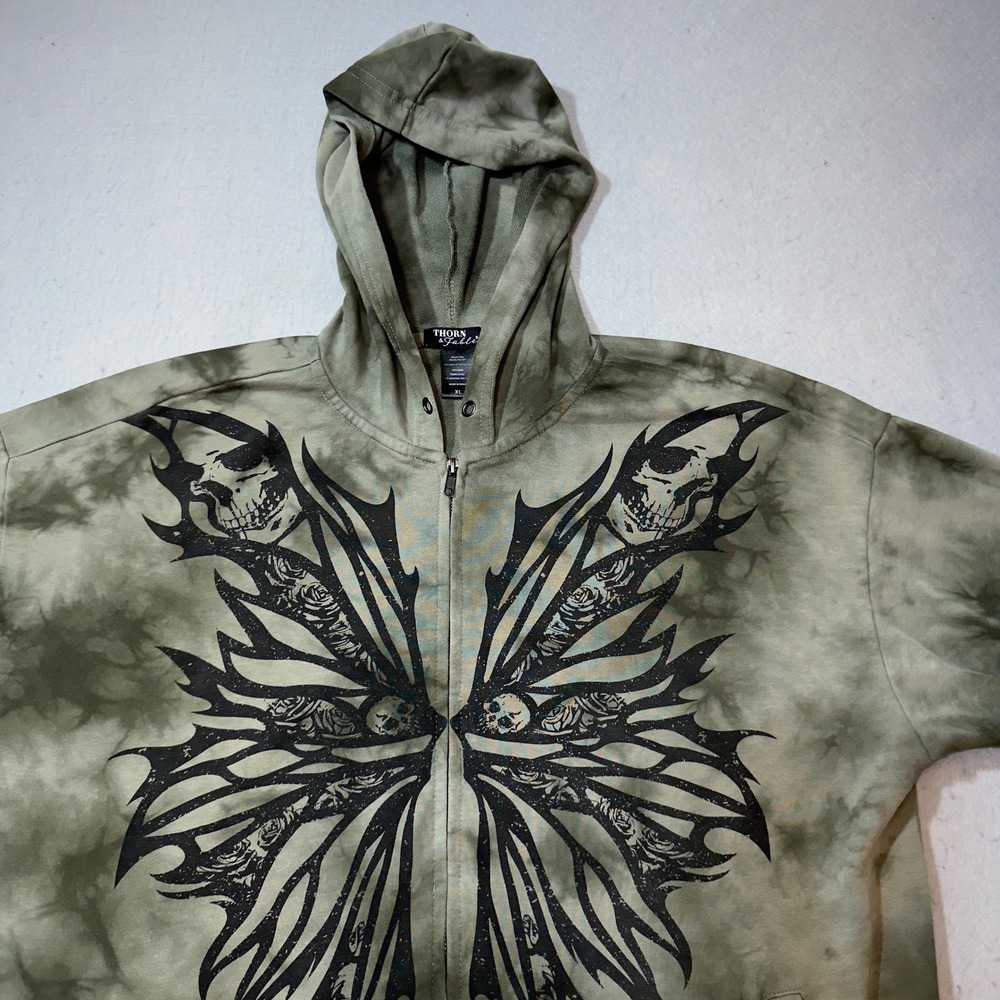 Thorn & Fable Zip Hoodie Mens XL Green Tie Dye Skull Butterfly Graphic Good